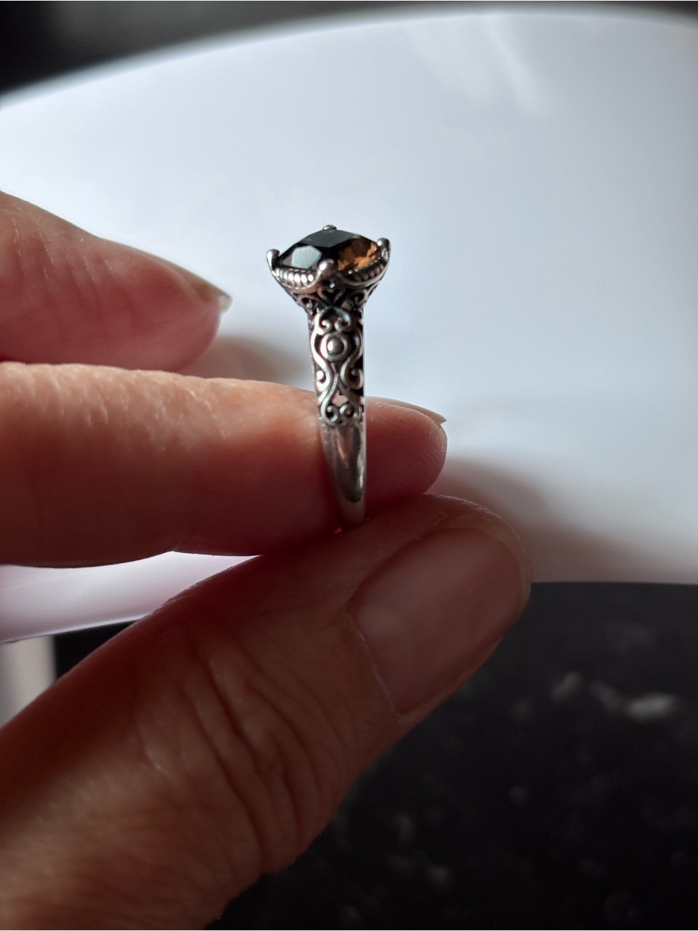 Sterling Silver Filigree Ring with Smoky Quartz Stone - Gray